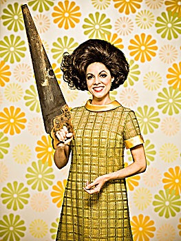 女人,20世纪60年代,风格,连衣裙,花,壁纸,拿着,手锯