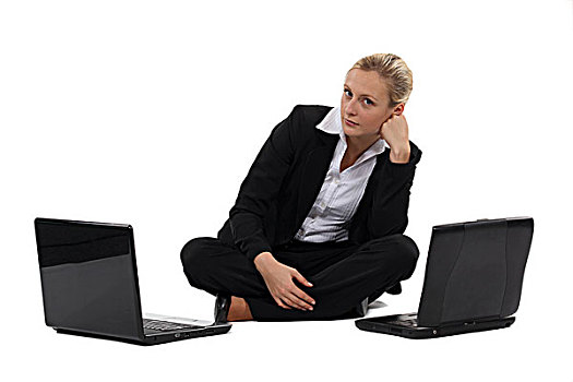 女人,坐,两个,笔记本电脑