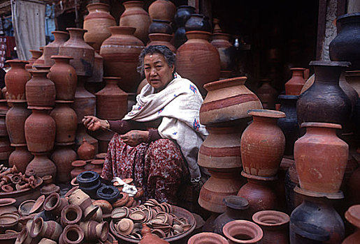 女人,陶器,城镇,巴克塔普尔,加德满都山谷,尼泊尔