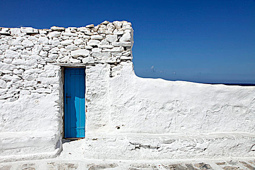 小,狭窄,蓝色,木质,门,刷白,墙壁,石头,米克诺斯岛,希腊,欧洲