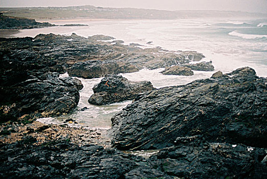 石头,海滩,海洋,波浪,雾气,上升