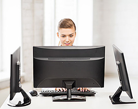 微笑,职业女性,电脑,显示屏,办公室