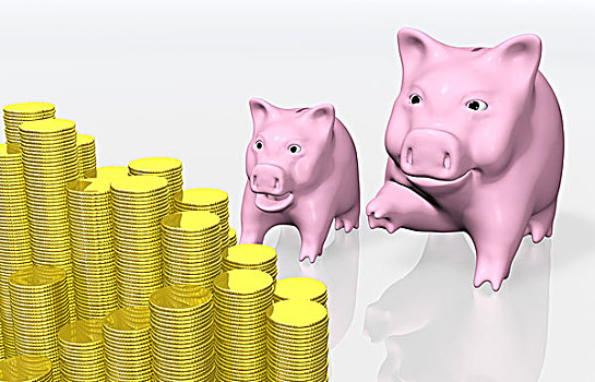 粉色,小猪,一堆,硬币