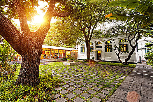 場景,餐館,前院,日落