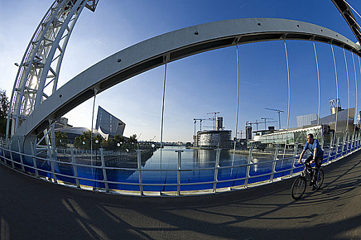 千禧桥,上方,曼彻斯特,船,运河,艺术,中心,索尔福德码头,兰开夏郡,英格兰,英国