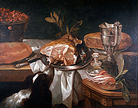 静物,肉,盘子,狗,油画,描绘,17世纪