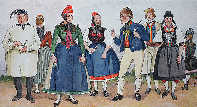 人,传统服装,时尚,衣服,德国,服饰,黑森州,19世纪,插画,欧洲