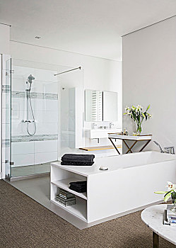 白色,浴缸,淋浴,区域,优雅,现代,浴室
