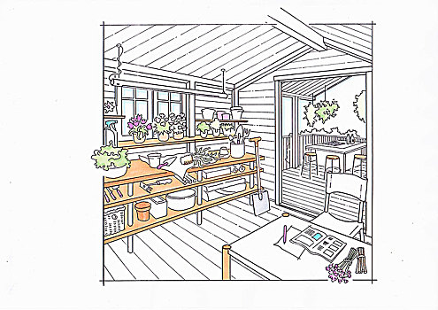 插画,桌子,建筑,植物,园艺工具,花园棚屋