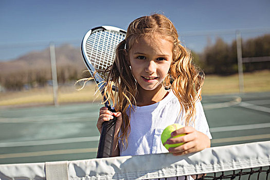 女孩,头像,拿着,网球拍,球,站立,球网,球场