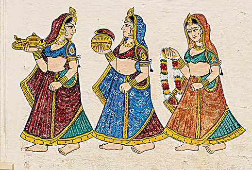 传统,壁画,城市宫殿,乌代浦尔,拉贾斯坦邦,印度,亚洲