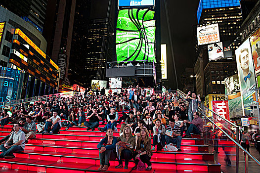 许多人,红色,楼梯,百老汇,时代广场,步行区,市中心,曼哈顿,纽约,美国,北美