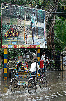 印度,安得拉邦,人力车,洪水,街道