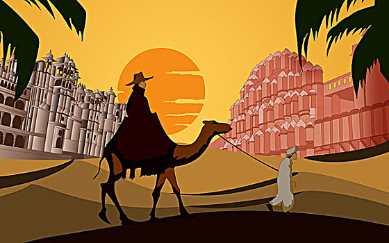 游客,骑,骆驼,正面,宫殿,风之宫,斋浦尔,拉贾斯坦邦,印度