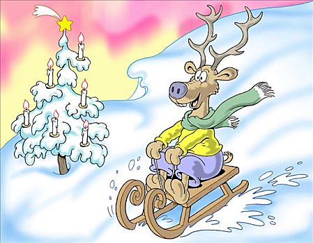 滑雪橇,高兴,驯鹿,插画