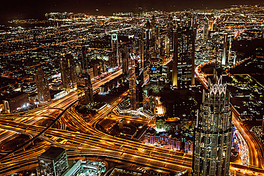 航拍,市区,迪拜,摩天大楼,夜晚,上面,哈利法