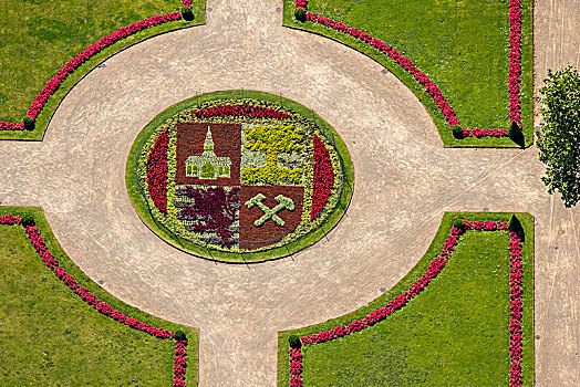 花坛,形状,盾徽,盖尔森基兴,城堡,公园,花,边界,鲁尔区,北莱茵威斯特伐利亚,德国