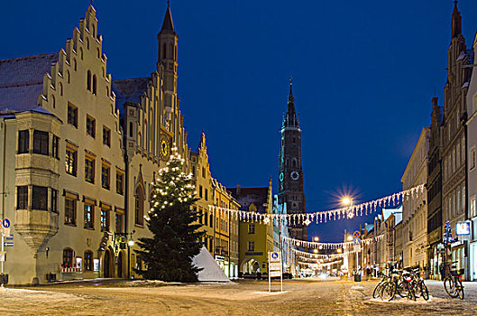 老,城镇,教堂,圣诞节,树,冬天,蓝德萨特,下巴伐利亚,巴伐利亚,德国,欧洲