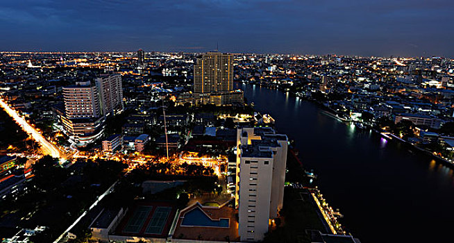 全景,市区,曼谷,晚上,泰国,亚洲