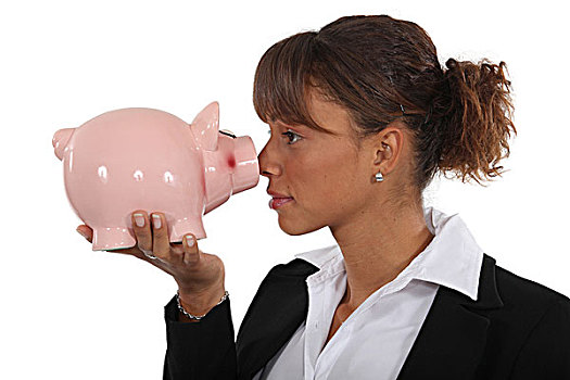 职业女性,拿着,猪,银行