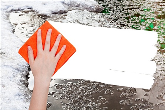 手,融化,雪,橙色,抹布