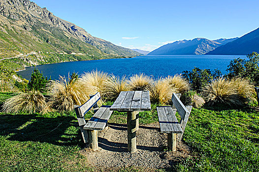 野餐,桌子,岸边,瓦卡蒂普湖,皇后镇,南岛,新西兰