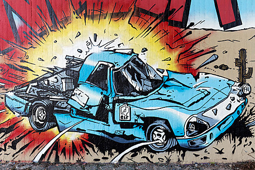 爆炸,汽车,碰撞,涂鸦,街头艺术,杜塞尔多夫,北莱茵威斯特伐利亚,德国,欧洲