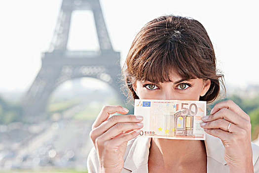 女人,展示,50欧元,货币,背景,巴黎,法兰西岛,法国