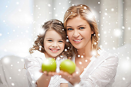 家庭,孩子,圣诞节,圣诞,喜爱,概念,母女,拿着,青苹果