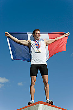 男性,运动员,领奖台,拿着,向上,法国国旗