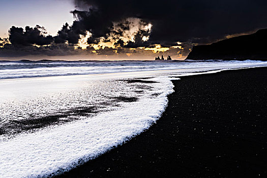 海滩,日落,海洋,海浪,黑沙,靠近,南方,区域,冰岛,欧洲