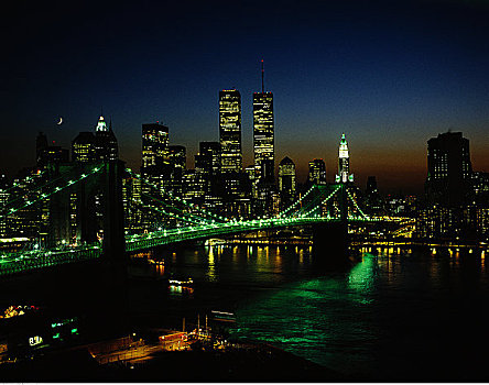 布鲁克林大桥,城市天际线,夜晚,纽约,美国