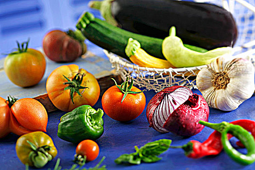 多样,蔬菜,西红柿,胡椒,洋葱,西葫芦