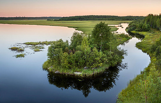 风景,上面,了望塔,日落,湖,湿地,荒野,落叶树,半岛,弯曲,水,水道,拉普兰,芬兰,欧洲