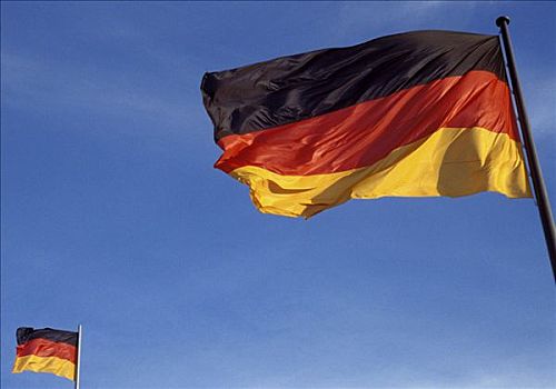 两个,德国,旗帜,摆动,蓝天,欧洲