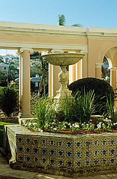 砖瓦,八边形,花坛,植物,盆形装饰物