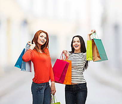 购物,销售,礼物,概念,两个,微笑,少女,购物袋,街道