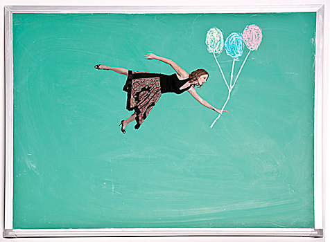 女人,漂浮,粉笔,气球