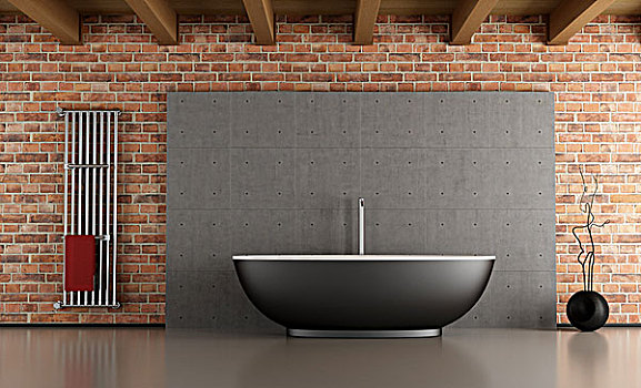 浴室,黑色,浴缸,正面,水泥,砖墙
