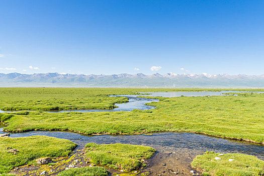 中国新疆夏季蓝天白云下g217独库公路沿途高山河水草甸图腾