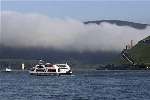 客船,雾,莱茵河,莱茵兰普法尔茨州,德国,欧洲