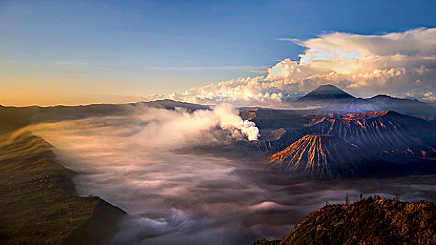 印度尼西亚,爪哇,国家公园,日出,上方,火山,攀升