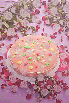 蛋糕,粉色,糖衣,花,下面,薄纱