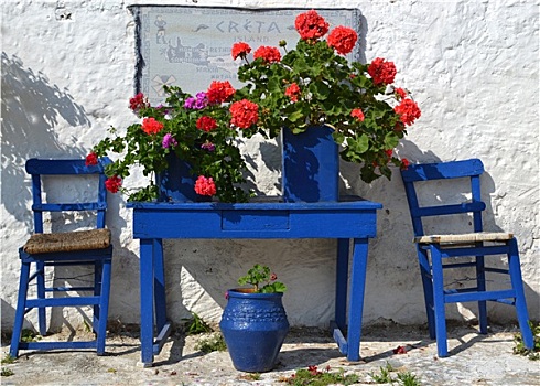 特色,希腊,院落,蓝花,罐,克里特岛