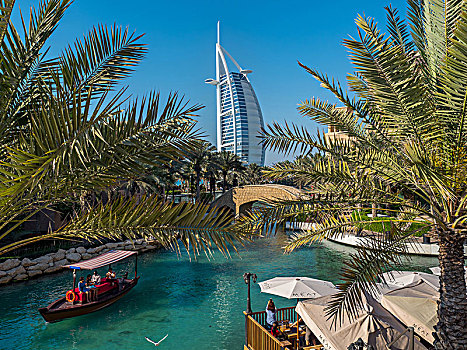 帆船酒店,叶状体,棕榈树,船,过去,水,露天市场,迪拜