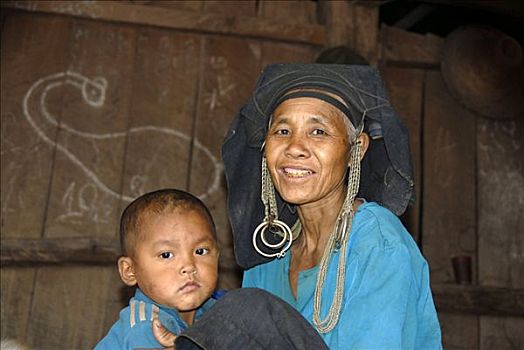 女人,阿卡族,部落,传统头饰,孩子,禁止,省,老挝,东南亚