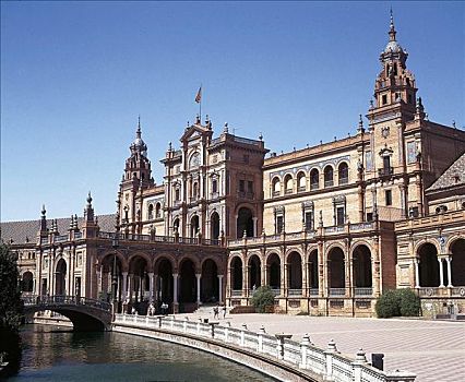 西班牙广场,塞维利亚,建筑,水,桥,安达卢西亚,西班牙,欧洲