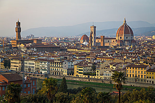 风景,上方,城市,佛罗伦萨大教堂,韦奇奥宫,阿尔诺河,傍晚,佛罗伦萨,托斯卡纳,意大利,欧洲