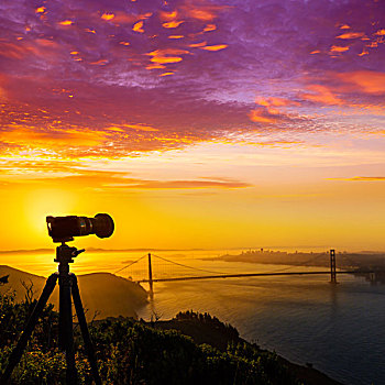 金门大桥,旧金山,日出,加利福尼亚,相机,剪影