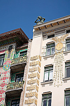 色彩,新艺术,蔓藤,露台,金色,圆形浮雕,砖瓦,建筑,维也纳,奥地利